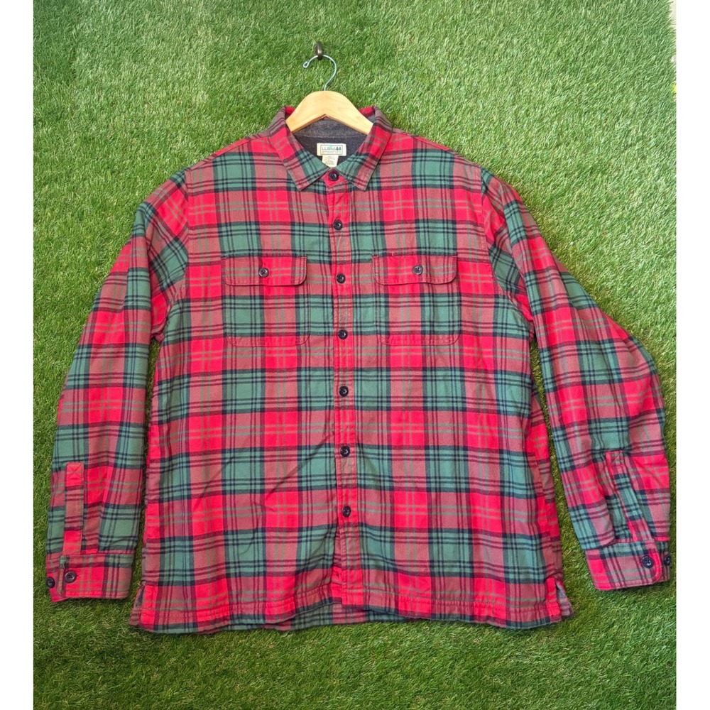 LL Bean Mens XXL Fleece Lined Flannel Shirt Jacket Red Green Plaid 273700